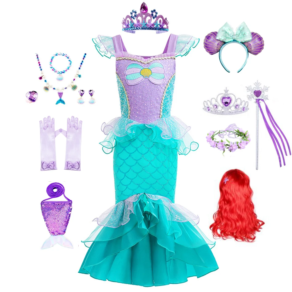 Little Mermaid Dress Charm Paillettes Bling Princess Costume Cosplay Per Bambini Ragazza Festa Di Compleanno Abbigliamento Di Halloween