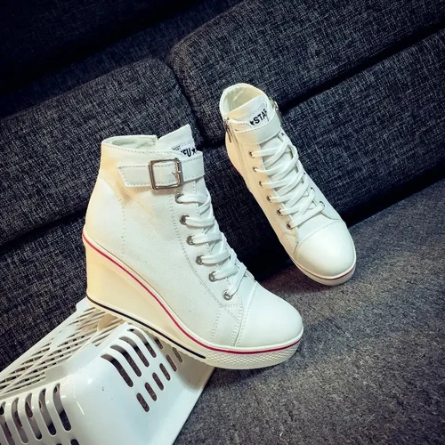 여성용 하이탑 캔버스 웨지 슈즈, 여성 데님 발목 레이스업 발목 캔버스 슈즈, 여성 8cm 힐 스니커즈 4