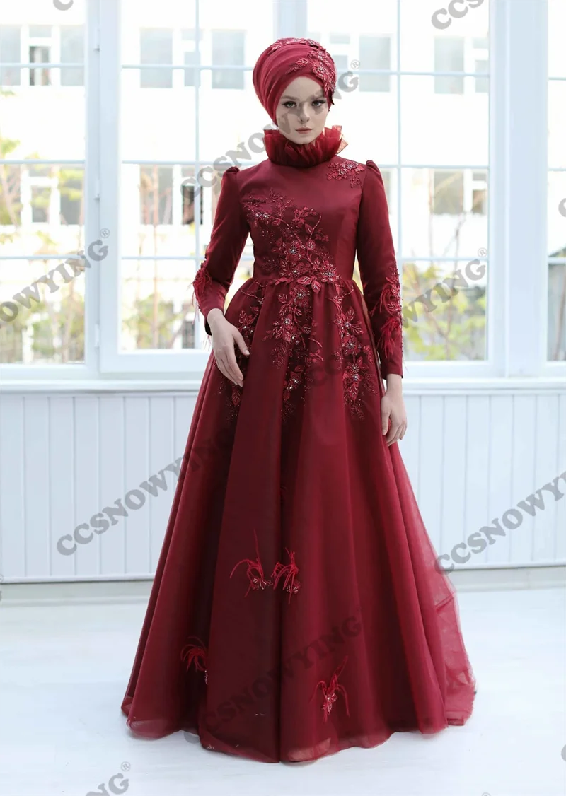

Burgundy Tulle Appliques Hijab Muslim Evening Dresses Long Sleeve Islamic Formal Party Gown Women Arabic Kaftan Robe De Soiree