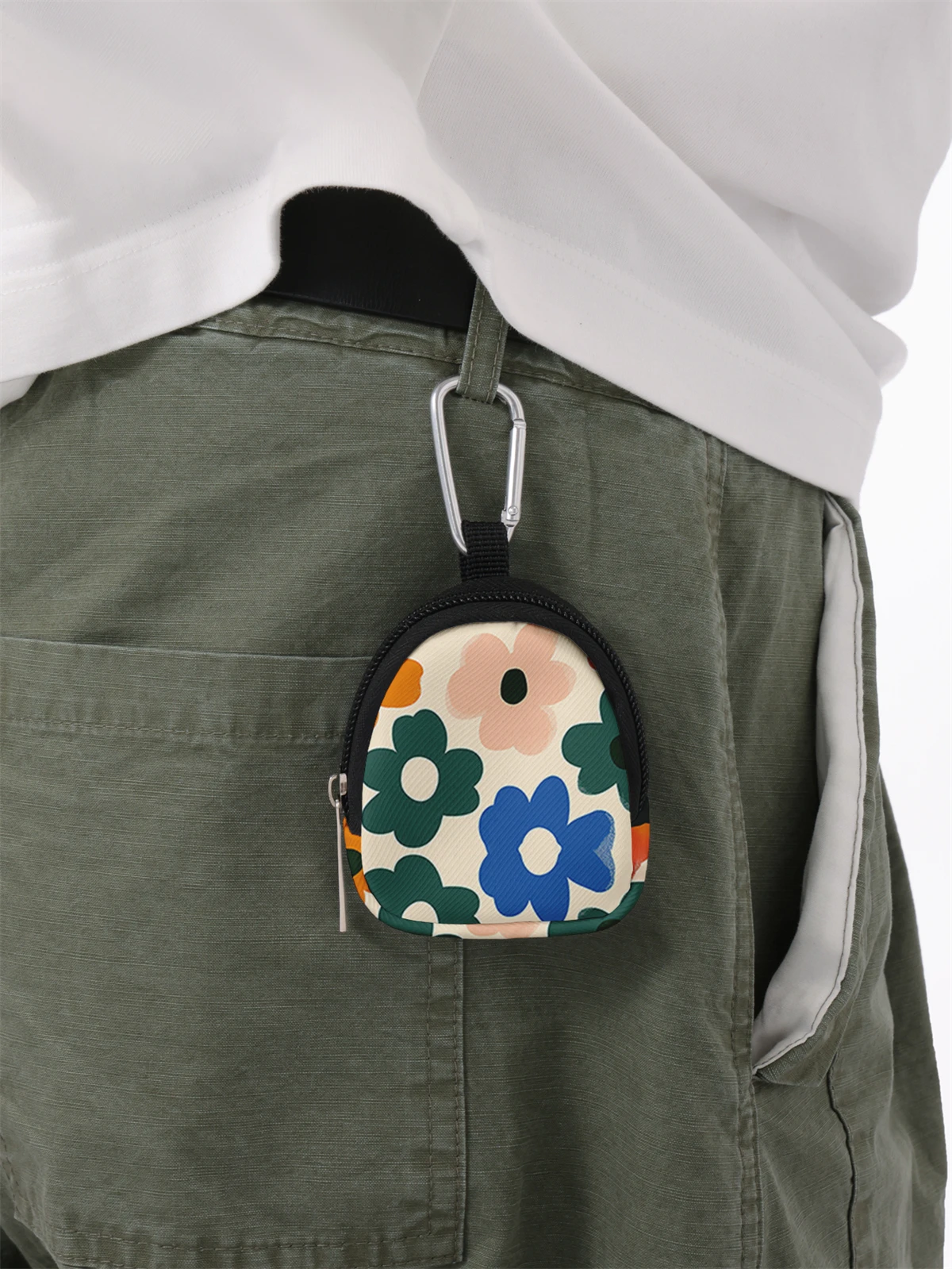 Flower pattern printed mini wallet, zipper change bag with hook clip, headphone key bag, suitable for men and women