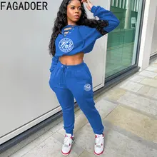 

FAGADOER Fashion Lace Up Design Two Piece Sets Women PINK Letter Print Crop Top And Sweatpants Tracksuits Female Casual Outfits