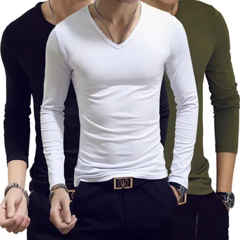 2024 Men's Long Sleeve T-Shirt Loose Fit V-Neck Base Layer Top Thin Autumn Clothing From China Mainland 1