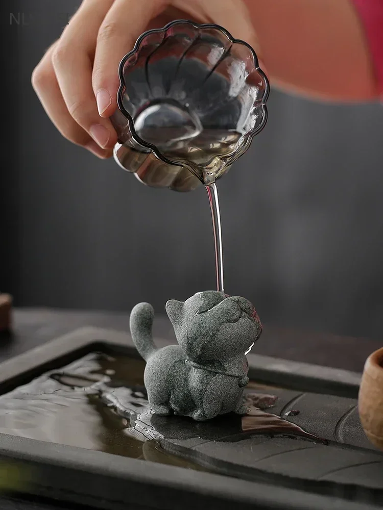 Tea Pet Ornaments Stone Carving Kitten Sculpture Handmade Tea Pet Chinese Tea Tray Decoration Fish Tank Potted Tabletop Ornaments