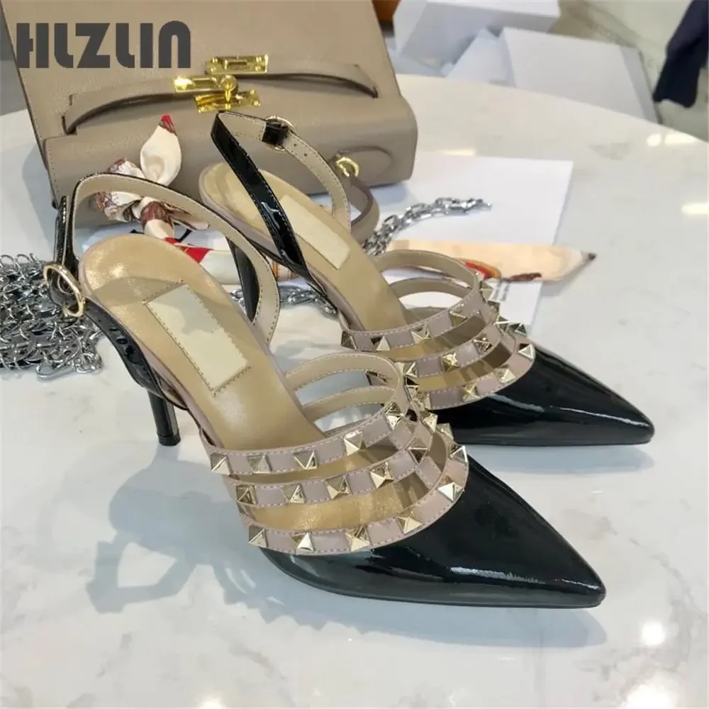 

New Women's Sandals Genuine Leather High Heel Shoes Rivets Pointed Toe Pumps Thin Heels Sexy Designer Ladies Shoes