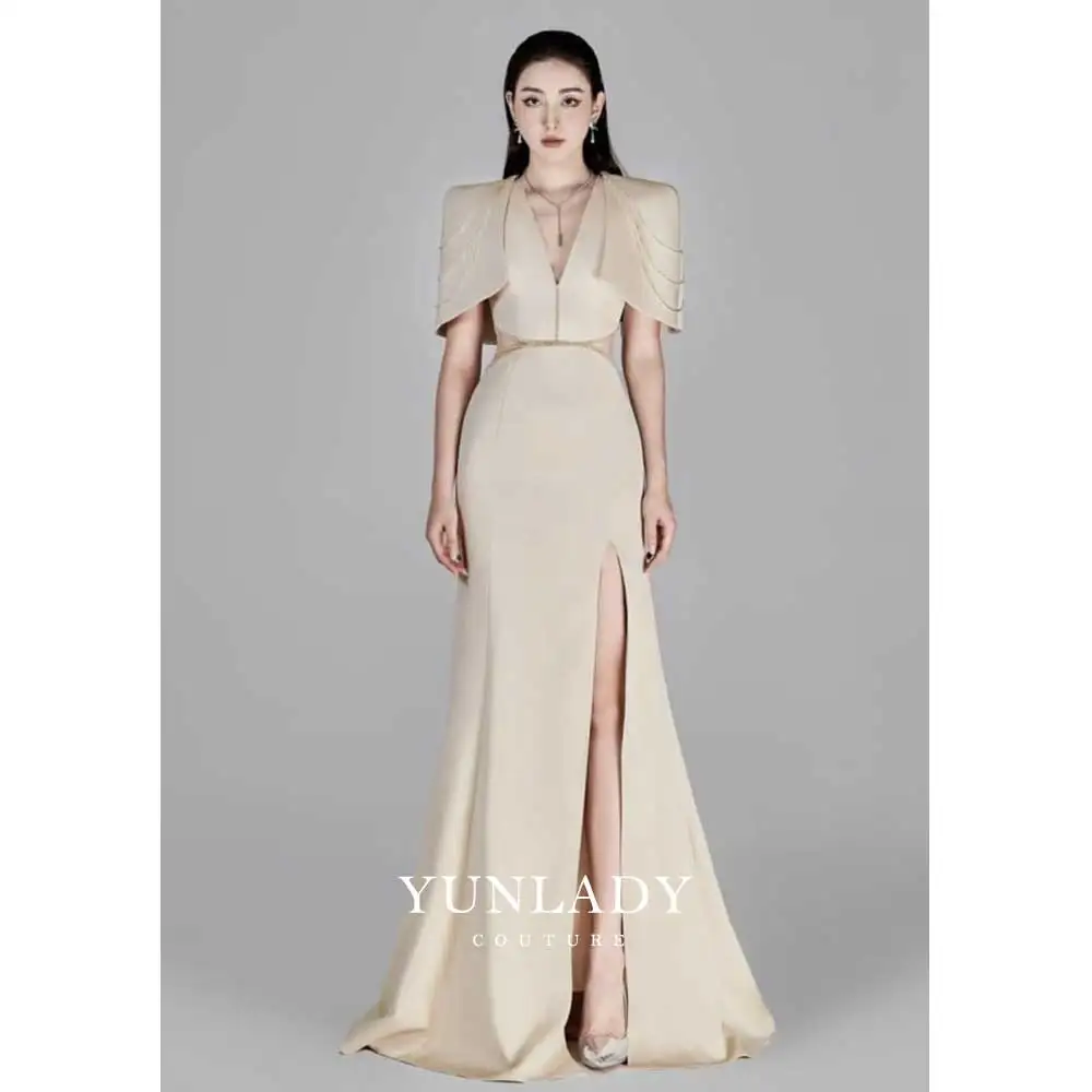 

YUNLAN Light Champagne Mermaid Dubai Luxury Evening Gown with Cape Shawl 2023 Arabian Women's Long Wedding Prom Party Guest Gown