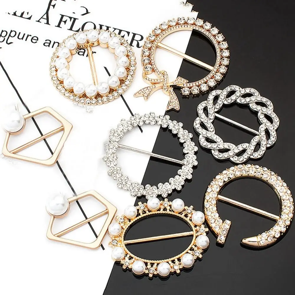 New Fashion Corner Hem Waist Knotted Brooches Crystal Pearl Metal Hijab Scarf Ring Button Shirt T-shirt Fixed Buckle Accessories hijab scarf accessories