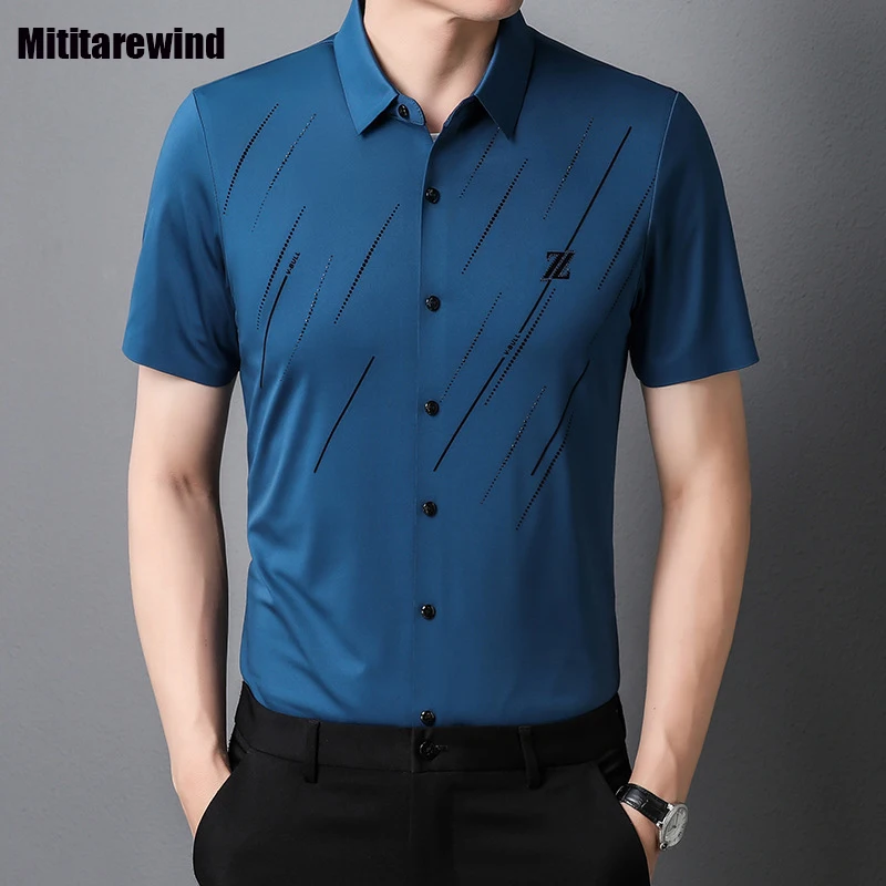

Summer New Seamless Shirts for Men Light Business Causal Short Sleeves Printed Designer Shirt Solid Color Thin Comfortable Tops