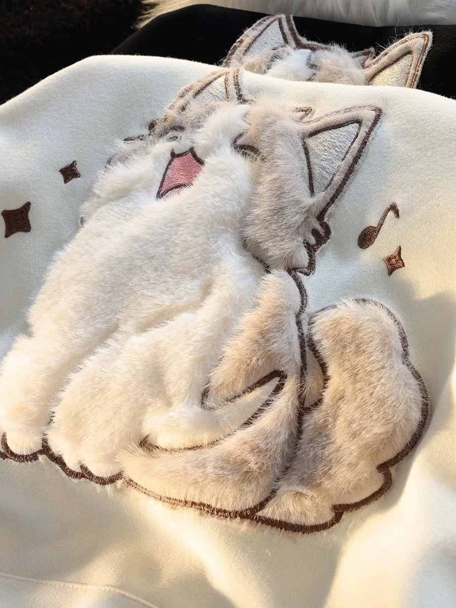 CGC Autumn Winter Plus Velvet Loose Women Hoodies Kawaii Cartoon Print Couple Sweatshirts Casual Long Sleeve Pullovers Outerwear
