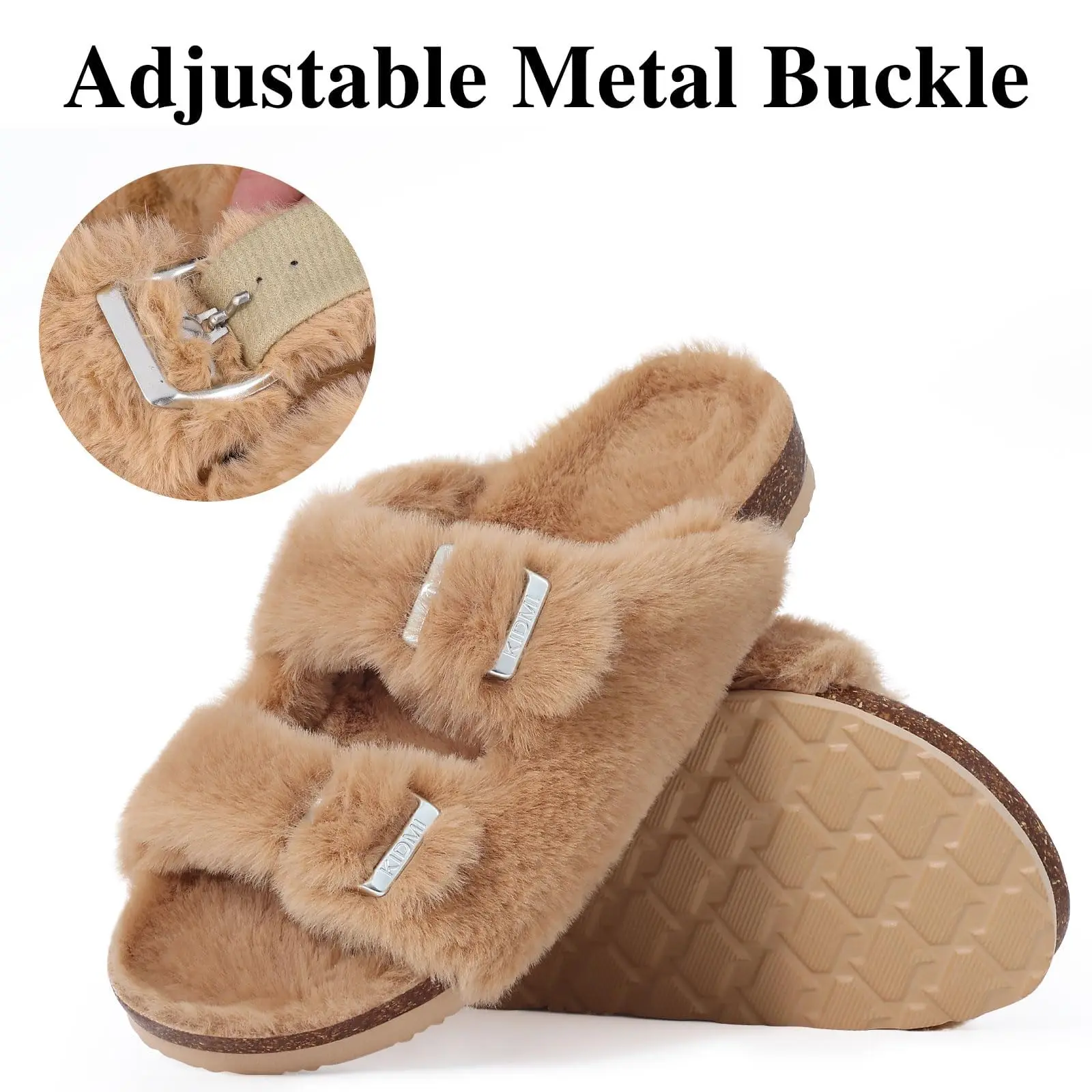 Comwarm Winter Flauschige Damen-Hausschuhe mit Fußgewölbeunterstützung, offene Zehenpartie, Kork-Hausschuhe, pelzige Damen-Sandalen mit verstellbarer Schnalle – Detail 33