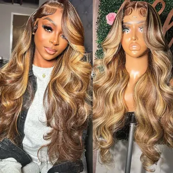 13x6 Highlight Lace Frontal Wig Human Hair Body Wave Ombre Colored Honey Blonde Lace Front Human Hair Wigs For Women Pre Plucked 1