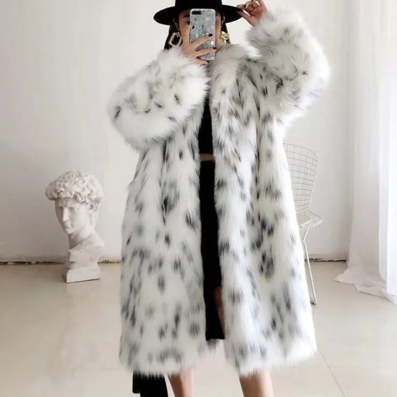 

2023 New Women Faux Fur Coat Fashion with Spots Long Imitation Fox Fur Outwear Winter Female Thickened Warm Leisure Outcoat