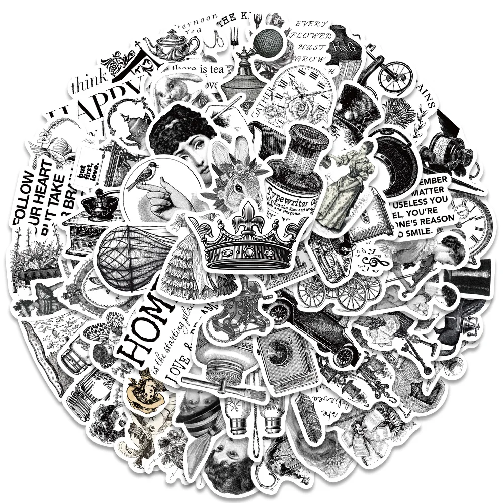 

64pcs Waterproof Graffiti Black White Retro Cartoon Middle Ages Aesthetic Stickers For Luggage Laptop Guitar Vinyl Decals