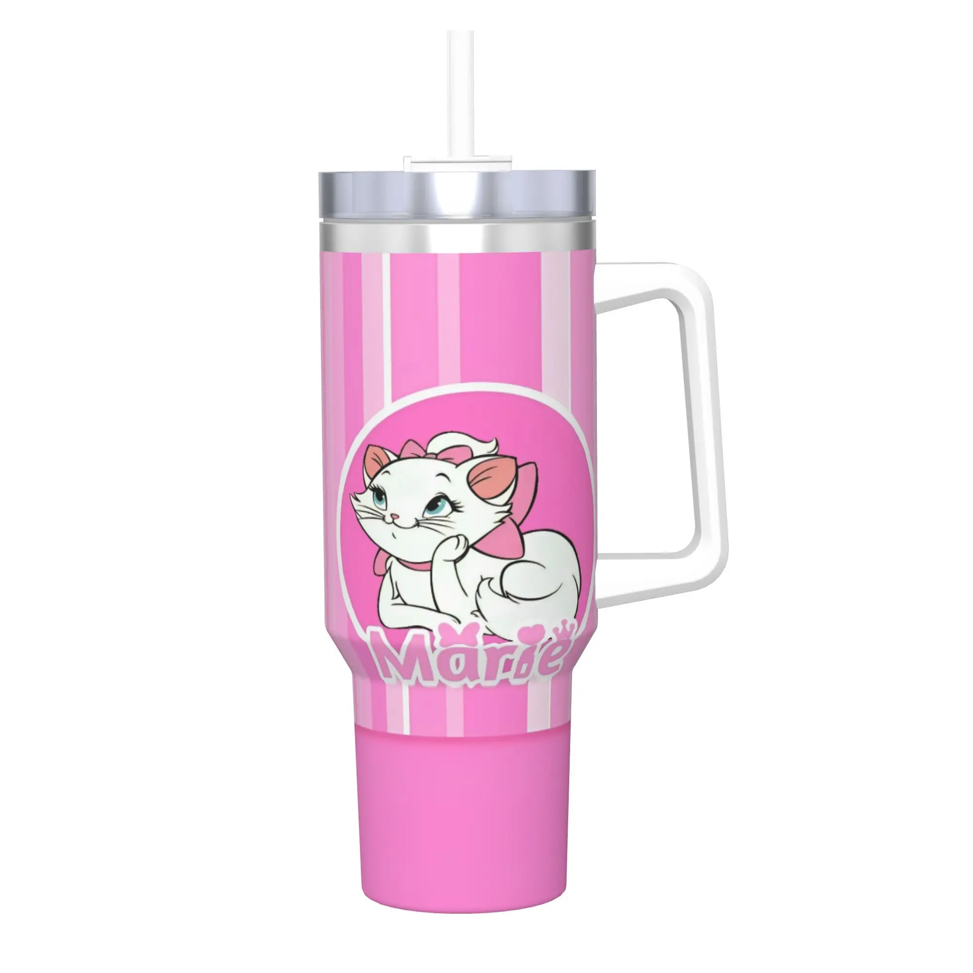 Stainless Steel Aristocats Marie Cat Tumbler with Straw - Large Capacity Thermal Mug