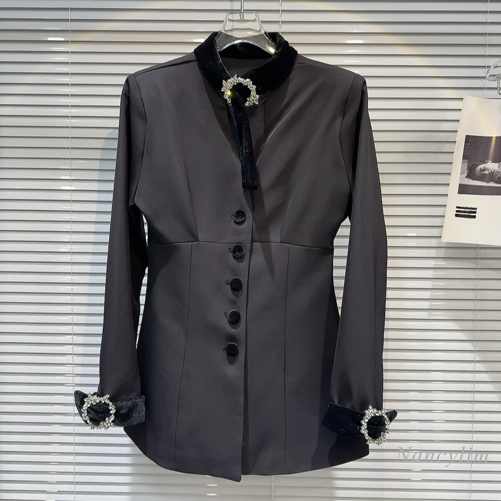 2024-spring-elegant-women's-black-blazer-new-classic-style-socialite-rhinestone-silk-led-waist-tight-business-suit-coat