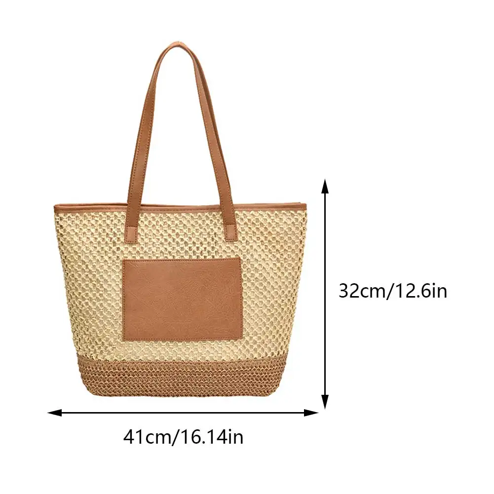 Summer Women's Tote Bags PU Leather Purses for Women Raffia Woven Crochet Large Shopping Bag Ladies Straw Shoulder Handbags 2024