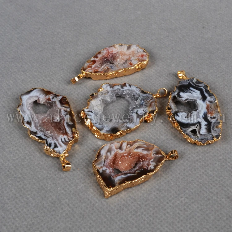 

Fashion 18k Gold Plated Natural Agate Druzy Geode Pendant for Necklace Natural Agate Druzy Slice Pendants for Necklace Making