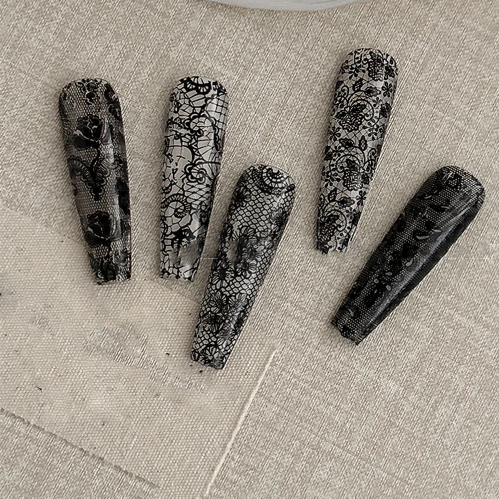 ? 10롤/박스 화이트&블랙 섹시 레이스 꽃 네일 아트 포일 4x25cm 레이스 전사 포일 별빛 하늘 종이 DIY 여성용 레이스 슬라이더&*&