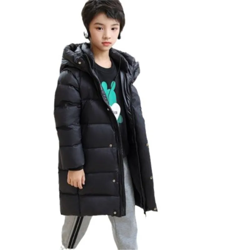 Children's Down Jacket Black Mid-Length Medium Large Children's Thickened Golden Inner Hooded Strap Lengthened Coat