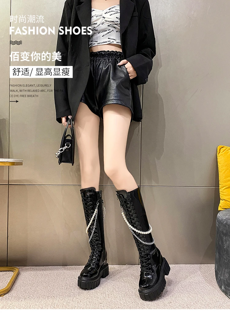 Winter Chunky Platform Leather Knee High Boots Women Punk