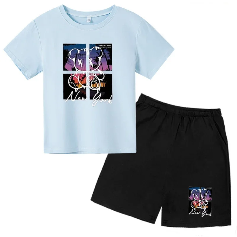 thumbnail image 1 of Conjunto de ropa para niños y adolescentes con estampado de oso de marca, camiseta de cuello redondo y traje corto de 2 piezas, informal, de verano, para niñas y bebés, 1 of 4