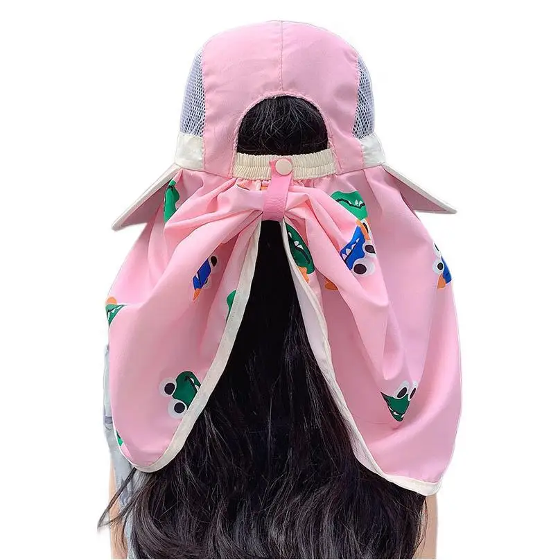 Sun Hats For Boys Girls Children Summer Outdoor Sunscreen Wide Brim Bucket Hat With Shawl Sunshade Cartoon Fisherman Cap Kids