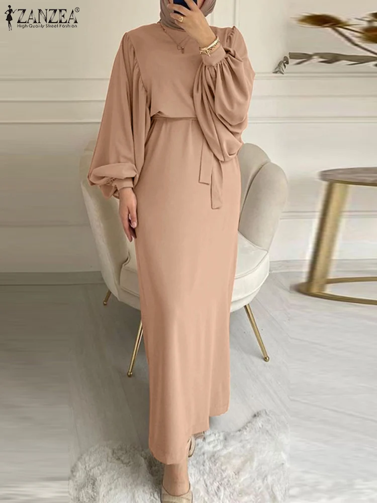 

Elegant Muslim Dress For Women 2023 Spring Fashion Belted Maxi Dubai Abaya ZANZEA Party Solid Long Sleeve Turkey Hijab OL Kaftan