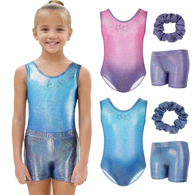 Gymnastics Dancewear Sets Girls Three-Piece Gymnastics Set Sleeveless Leotards with Shorts and Hairband Sparkling Ballet Dancing Unitards
