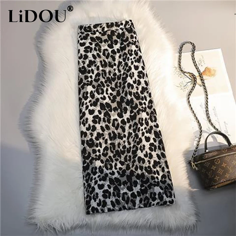 Autumn Winter Vintage Leopard Printing Bodycon Skirt Ladies High Waist Elegant Fashion Slim All-match Skirts Women's Clothing autumn women s new business casual suit two piece set fashion clash printing travel vacation office ladies suit set