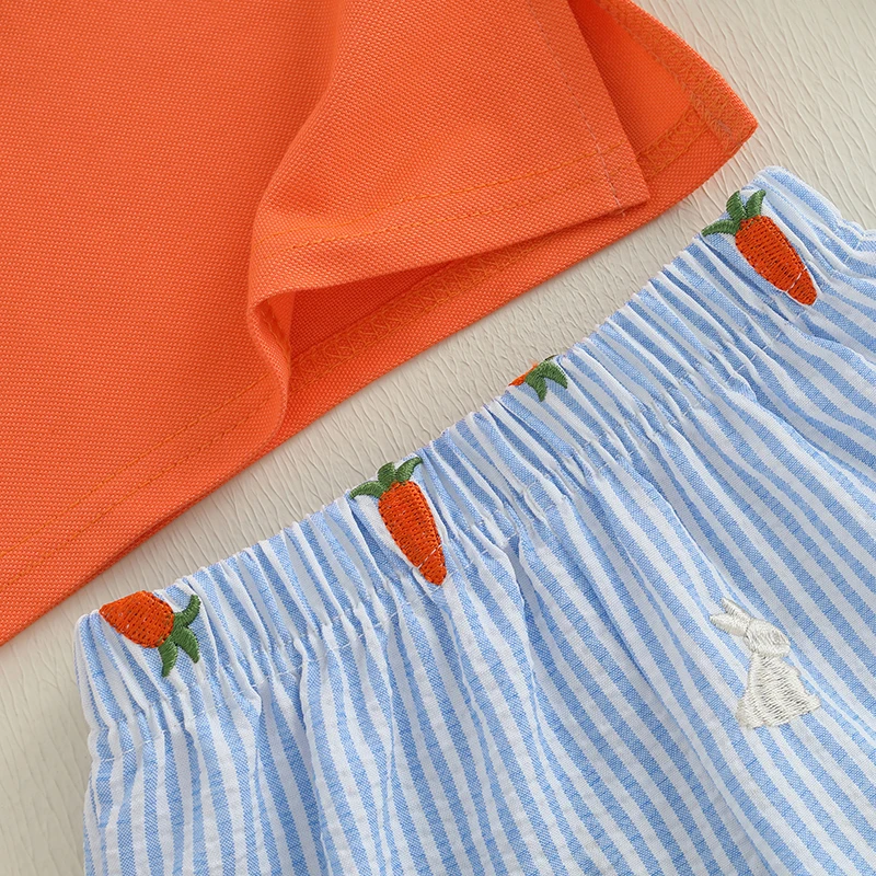 Adorable Baby Boys Easter Outfits with Bunny Embroidery on Short Sleeves T-Shirt and Elastic Carrot Stripe Shorts Set - 2 Piece 4