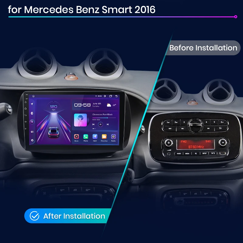 Radio de coche Junsun con CarPlay inalámbrico y Android Auto para Mercedes Benz Smart 453 Fortwo 2014-2020, estéreo multimedia 2 DIN con ventilador de refrigeración integrado, navegación GPS, SWC, Bluetooth, FM, RDS, DSP, pantalla IPS, sistemas inteligentes para coche 2