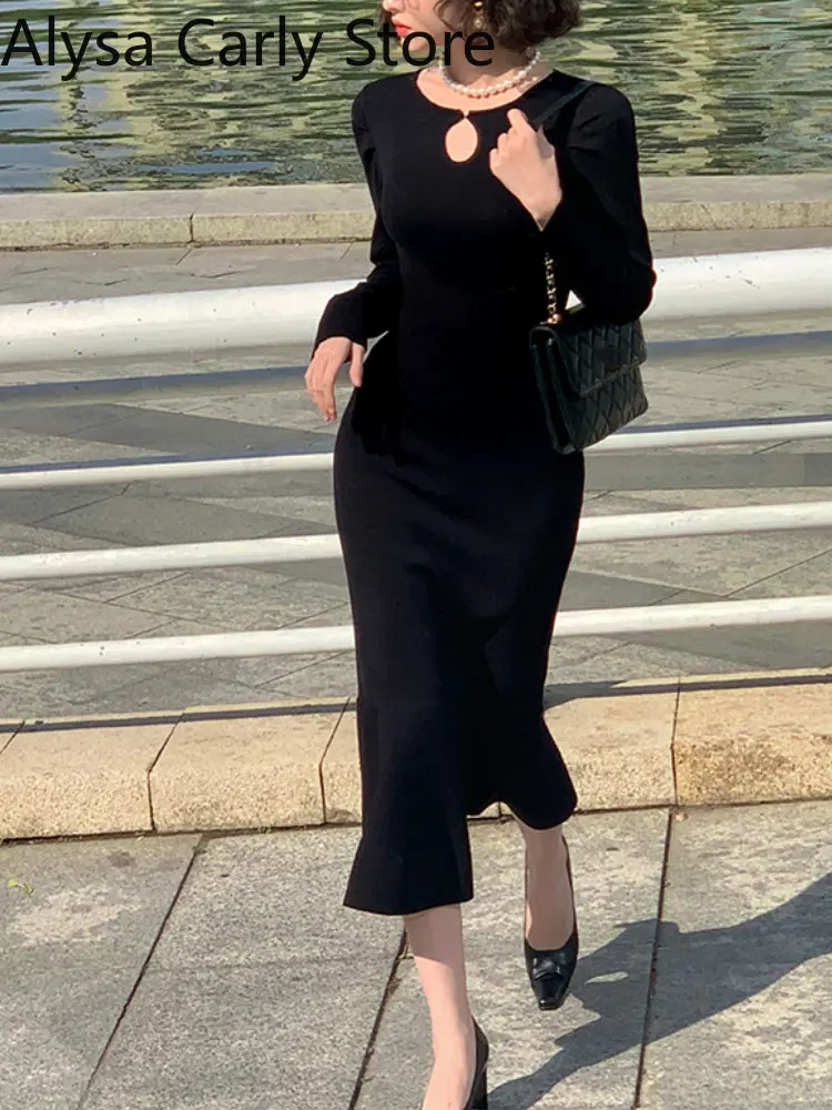 

2022 Autumn Mermaid Knitting Dress Women Sexy Hollow Out Bodycon Midi Dress Female Casual Knitted One Piece Dress Korean Elegant