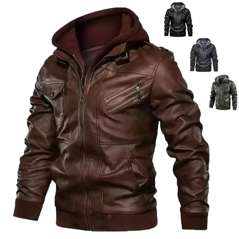 

2023 New Men Leather Jackets PU Hooded Jackets Coats Mens Autumn Winter Motorcycle Biker Faux Leather Jackets Male European Size