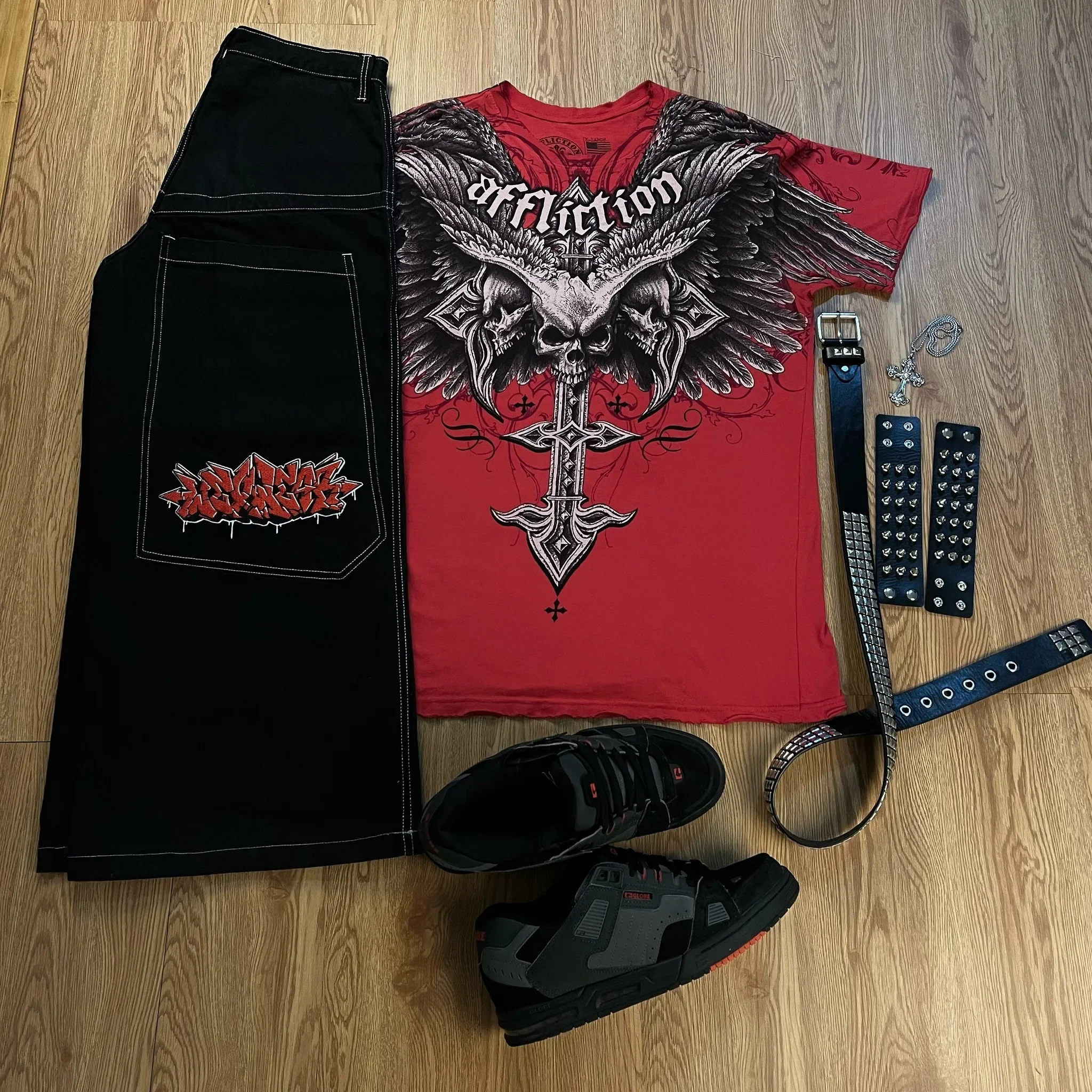 Harajuku Jnco and Wexwear Suit Graphic Embroidered Jeans Y2K Jeans tracksuit t shirt for men Streetwear Black Skateboard Pants