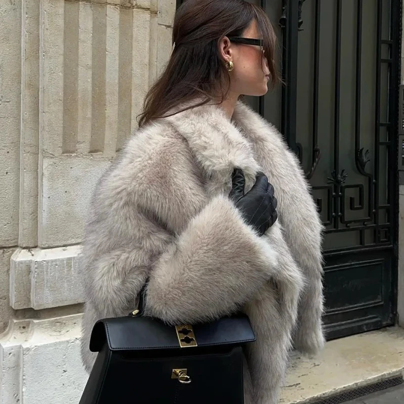 Autumn Winter Faux Fur Coat  Suit Collar Thickened Warm Fluffy CoatShort Street Style Fox Fur Jacket Peludo Chaqueta Mujer 3