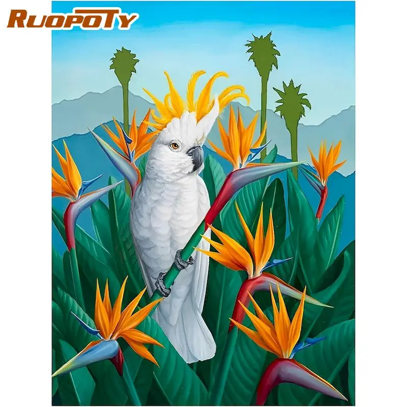 

RUOPOTY 5d DIY Diamond Embroidery White Parrot Diamond Painting Full Square Round Mosaic Feather Bird Home Decor