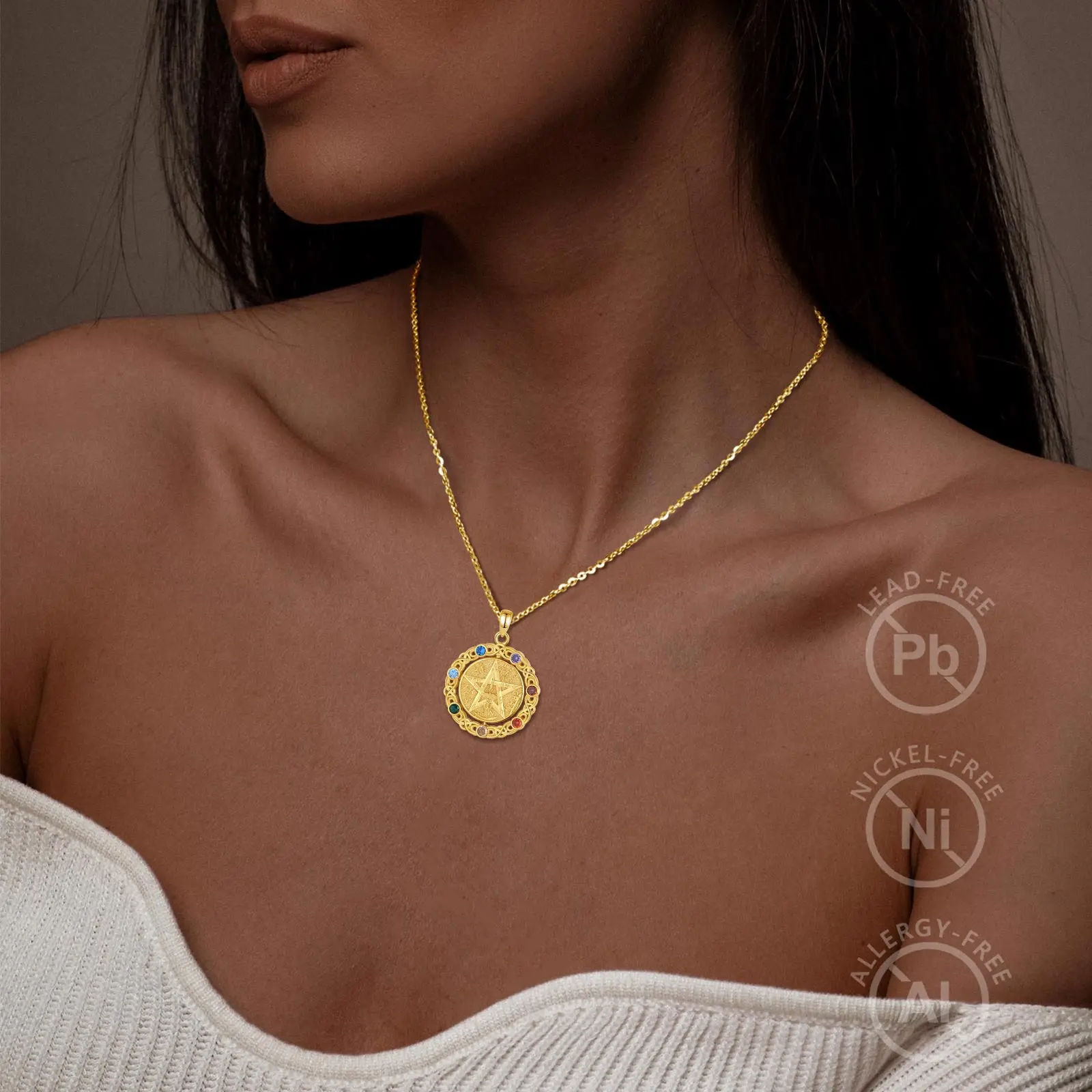 925 Sterling Silver Pentagram Pendant Necklace 18K Gold 7 Color Chakra Star Tetragrammaton For Women Man witchcraft Gift