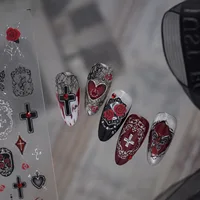 Autocollants pour ongles Gothic Rose 5D, motifs floraux rouges, croix, cœur rubis, papillon, bordure ajourée antique, strass, accessoires pour ongles audacieux 6