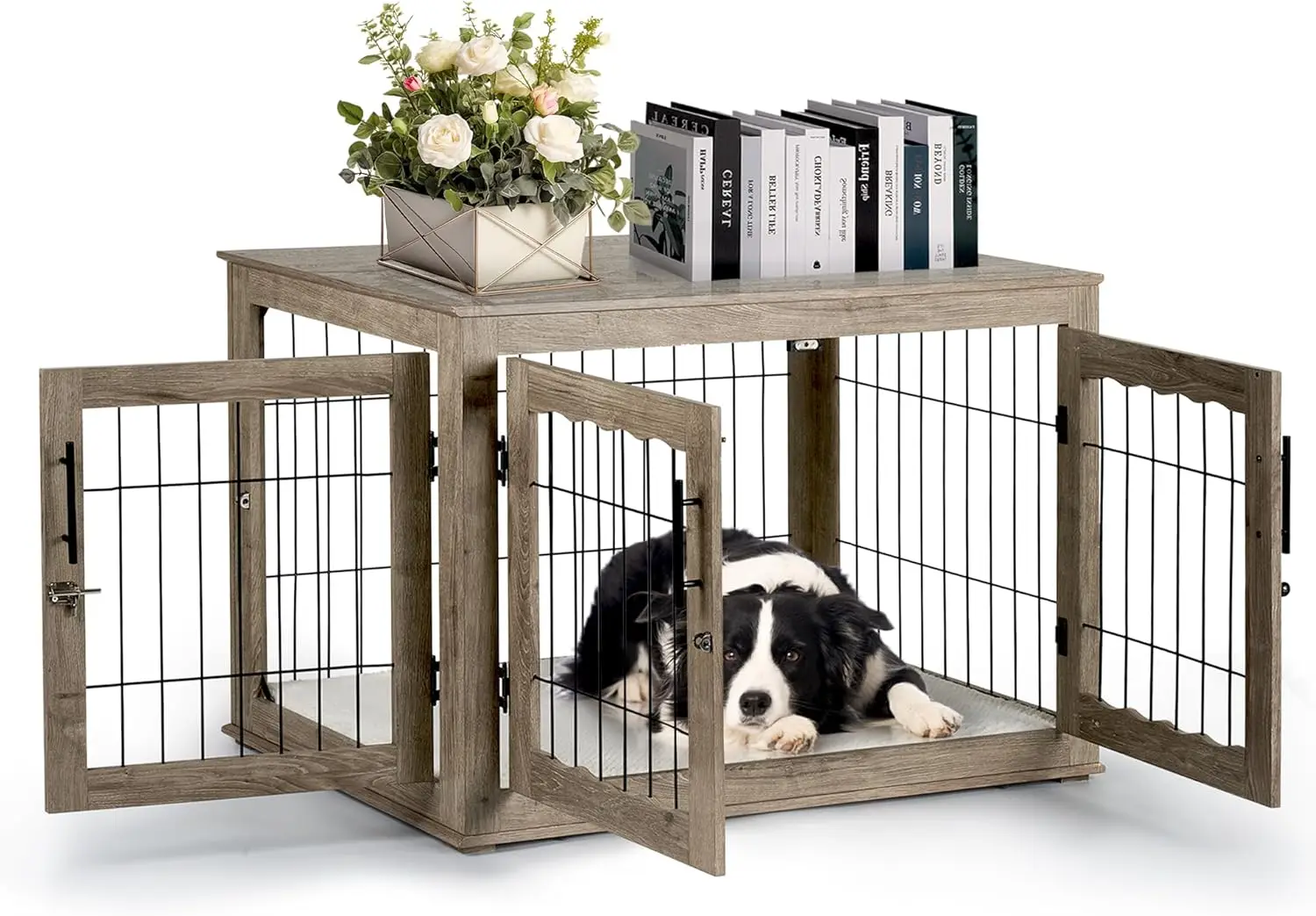 Large Dog Crate Furniture, 38 inch  Crates with Bed Pad, Wooden  Kennel Furniture, End Table Cage with 3 Doors, Greige 1