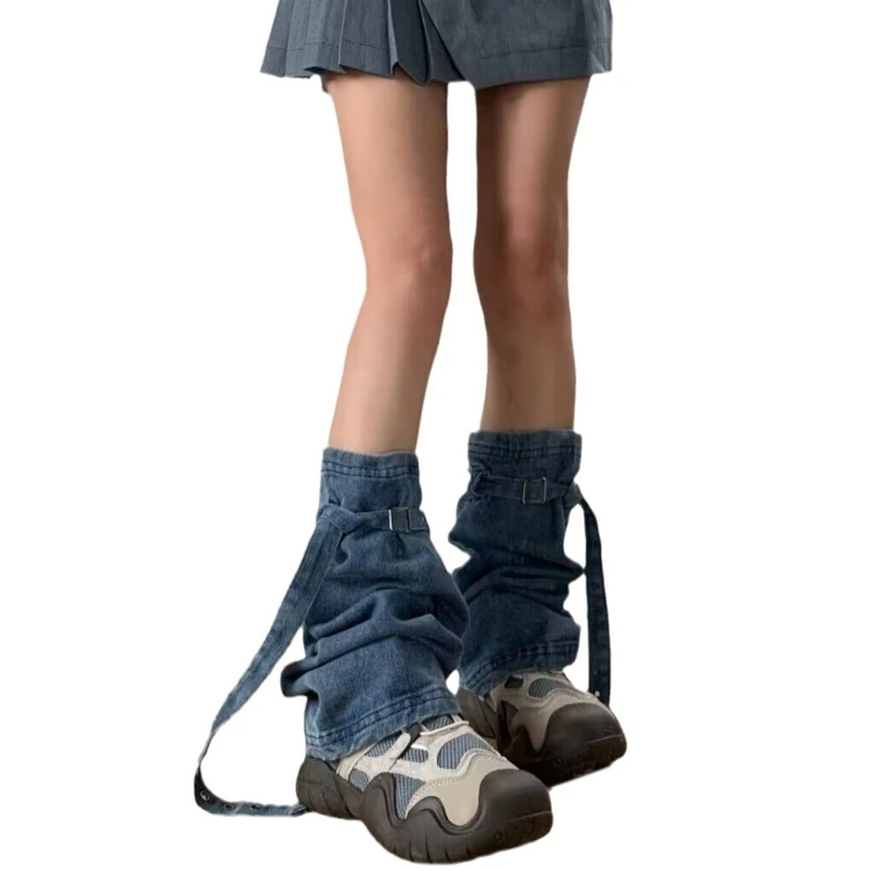 

Womens Punk Denims Flared Foot Cover with Buckled Ties Straps Aesthetic Loose Leg Warmer Knee Length Long Stockings