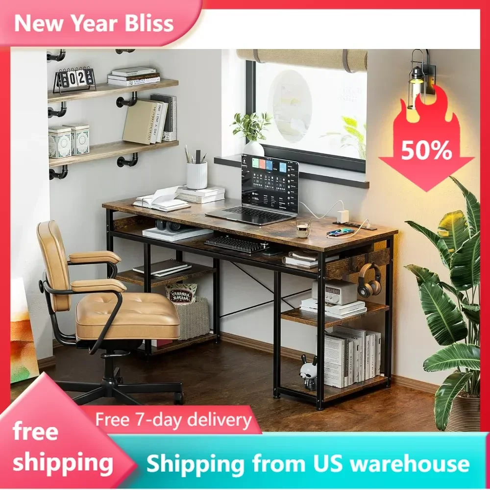 

Writing Desk With Storage Shelves Headphone Hook Room Desk to Study Student Laptop PC Desks for Small Spaces Home Office Vintage