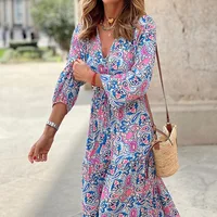 Robes bohème mi-longues pour femmes, nouvelle mode imprimée, Sexy, col en v, manches longues, taille haute, taille élastique, été 4