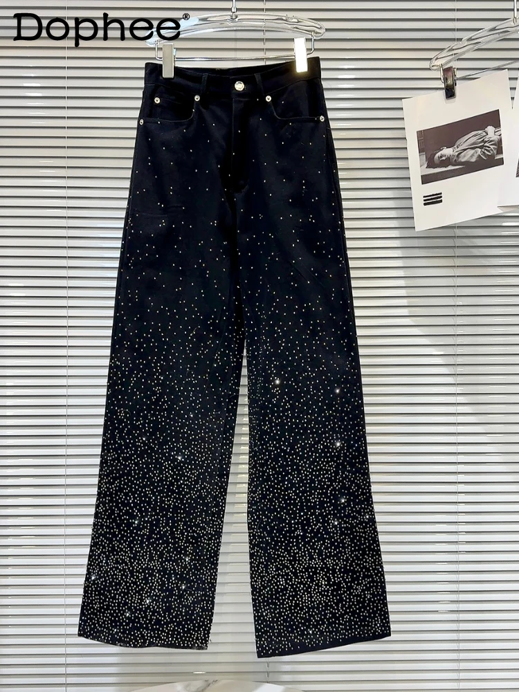 

Heavy Hot Drilling Women's Wide-Leg Pants 2023 Spring Autumn New Hot Girl Style Gradient Color Starry Washed Cotton Jeans Female