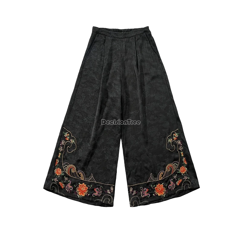 chinese national style embroidery wide leg pants women casual straight pants loose retro style elastic waist t001