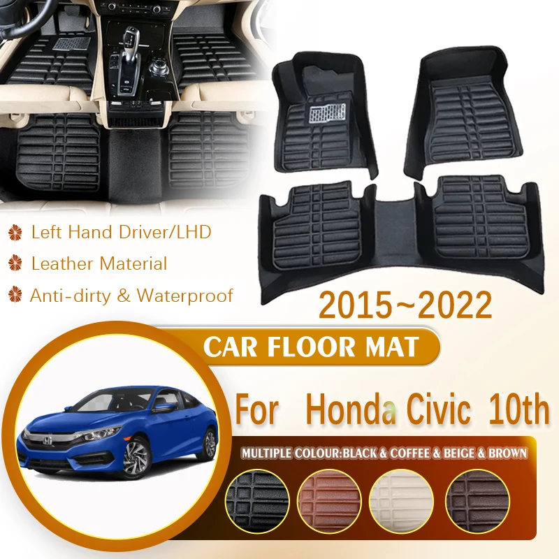 

for Honda Civic 10th Gen MK10 FC FK 2015~2022 LHD Car Leather Waterproof Foot Inner Liner Carpet Pad Custom Rug Car Accessories