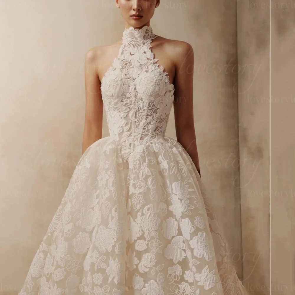Lace Customized Halter Wedding Dresses A Line Halter Bridal Ball Gowns Luxury Back Lace Up Bride Robes Vestido De Novia