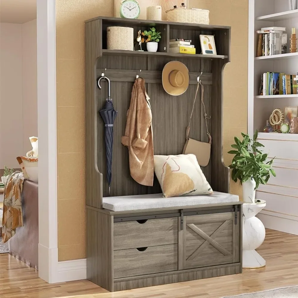 

Coat rack with bench rack hooks, hallway tree with bench and shoe storage, padded shoe storage platform and adjustable shelves