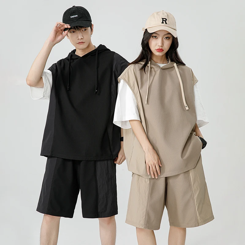 Harajuku 2-piece Men's Fashionable Hooded Clothing Japanese Style Summer Clothing Shorts Suit Men's Clothing Casual Loose Fit