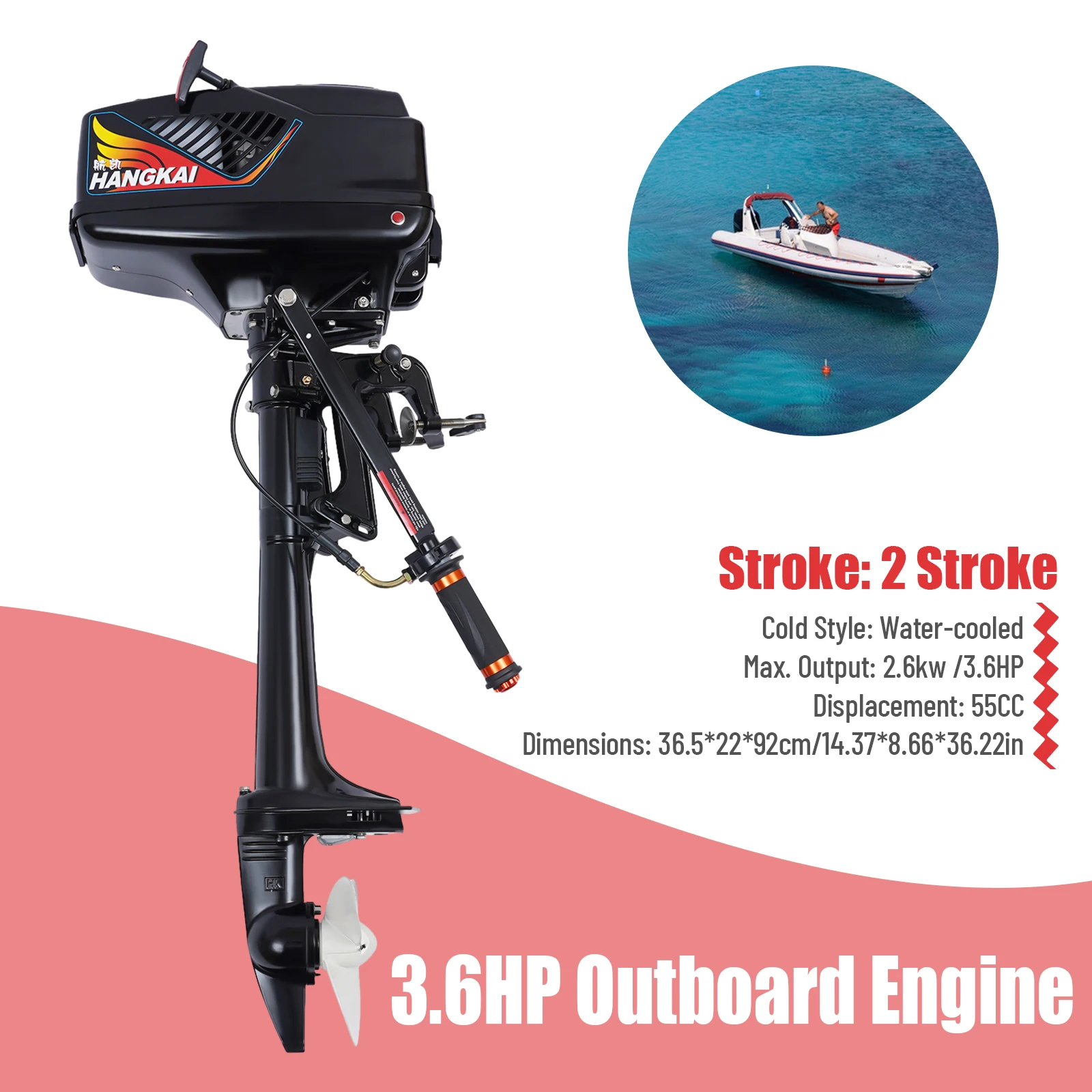 

Heavy Duty Outboard Electric Motor 3.6HP 2 Stroke Boat Engine 55CC Gasoline Engine Short Shaft with CDI Ignition Water Cooling