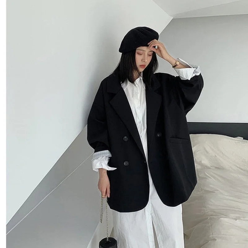 HOUZHOU 여성용 빈티지 브라운 블레이저, 우아한 공식 숙녀, 가을 패션, 긴팔, 오버사이즈, 시크, 올매치 캐주얼 재킷