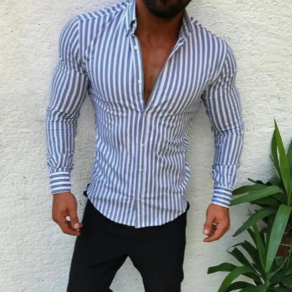 

Striped Print Men Shirt Lapel Basic Long Sleeve Single-breasted Slim Fit Formal Business Office Shirt Hawaiian Shirts Plus Size